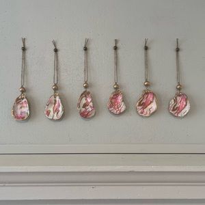 Set of Six Decoupaged Oyster Ornaments, Pink & Gold Marble